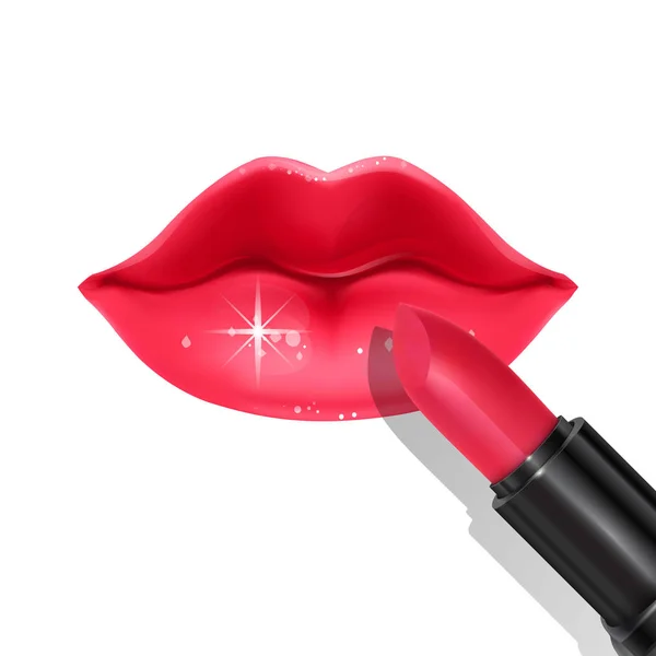 Red sexy female lips and realistic lipstick on white background, fashion element on white background, can be used for leaflets for the promotion of decorative cosmetics — Stock Vector