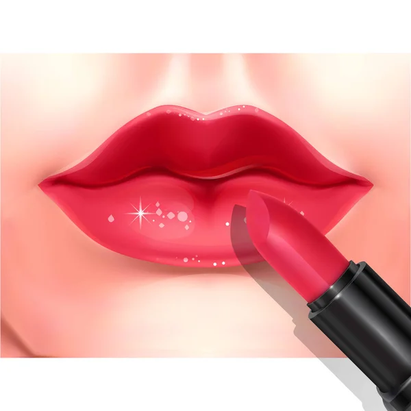 Kırmızı seksi kadın dudakları ve beyaz arka plan üzerinde gerçekçi ruj, beyaz arka plan üzerinde moda öğesi, dekoratif kozmetik tanıtımı için broşürler için kullanılabilir — Stok Vektör