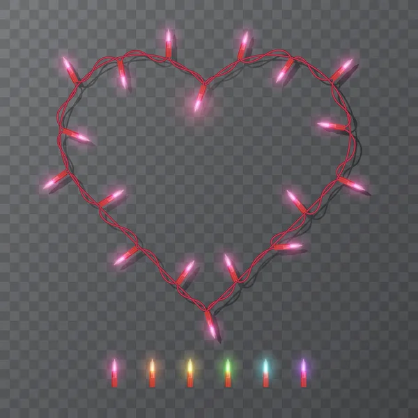 Εορταστικό κενό πλαίσιο με σχήμα καρδιάς με ηλεκτρικό στεφάνι. Γιρλάντες χρωματισμένα φώτα λαμπερά φώτα για την ημέρα του Αγίου Βαλεντίνου διακοπών σχέδιο ευχετήρια κάρτα. Ρεαλιστική διάνυσμα EPS 10 απεικόνιση — Διανυσματικό Αρχείο
