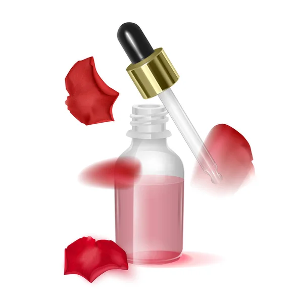 Aceite de rosa en una botella de vidrio realista con pipeta, ilustración vectorial sobre fondo blanco — Archivo Imágenes Vectoriales