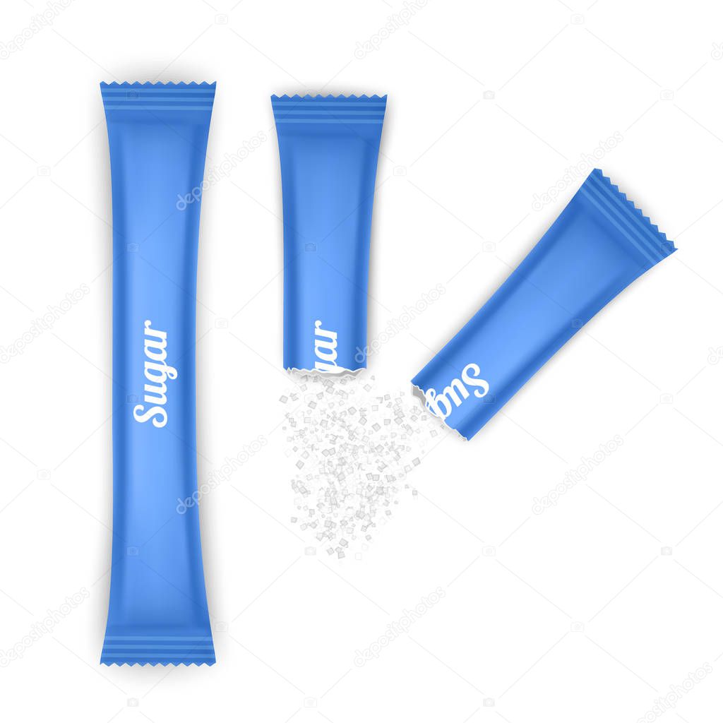 Foil or paper of blue color Packaging Stick for Coffee, Salt, Sugar, Pepper Or Spices. Realistic mesh vector mockup illustration.