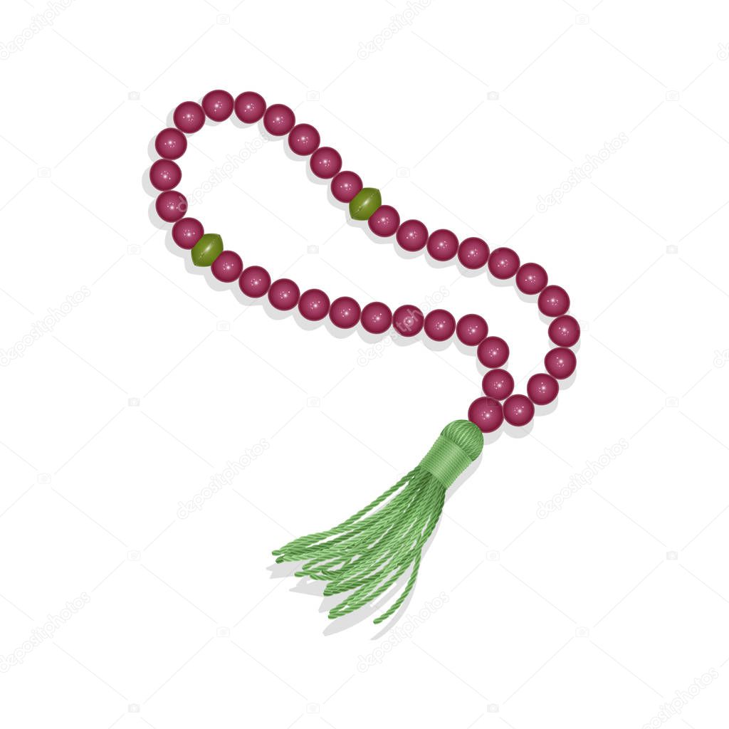 Rosary Isolated on white background, Islamic rosary vector EPS 10 illustration. Realistic Prayer beads of purple color, design element.