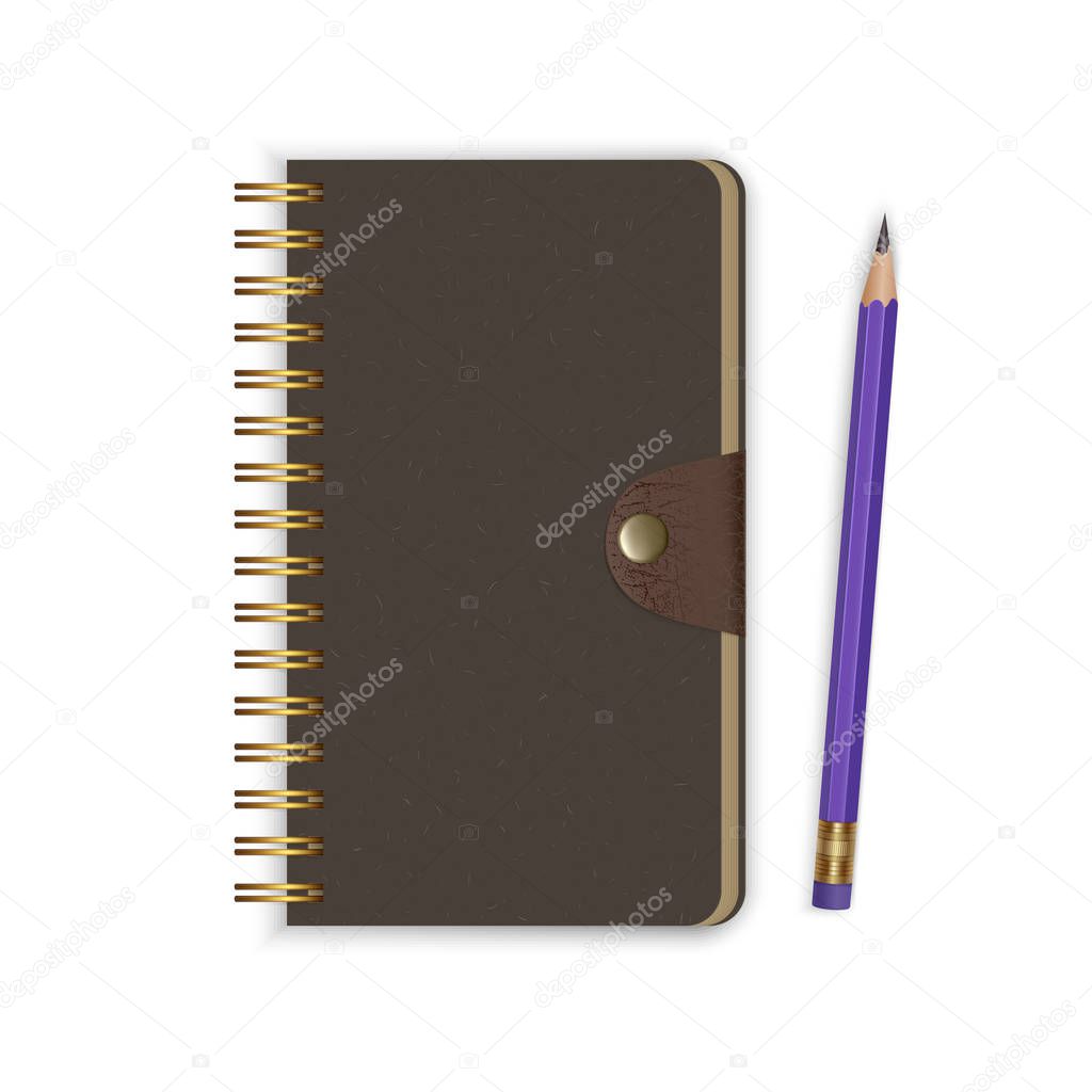 Spiral binding notebook or notepad and pencil isolated on white background, Realistic closed Sketchbook or diary. Vector EPS 10 illustration