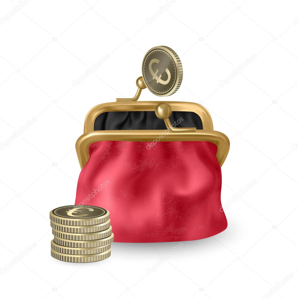 The Red, opened purse. Gold coins raining to open wallet. Golden coins money, euros dropping or falling in open purse. Vector EPS 10 illustration