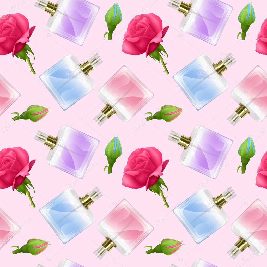 Seamless Endless Pattern with Print of perfume bottles and roses in cartoon style Can be used in food industry for wallpapers, wrapping paper, wedding cards.