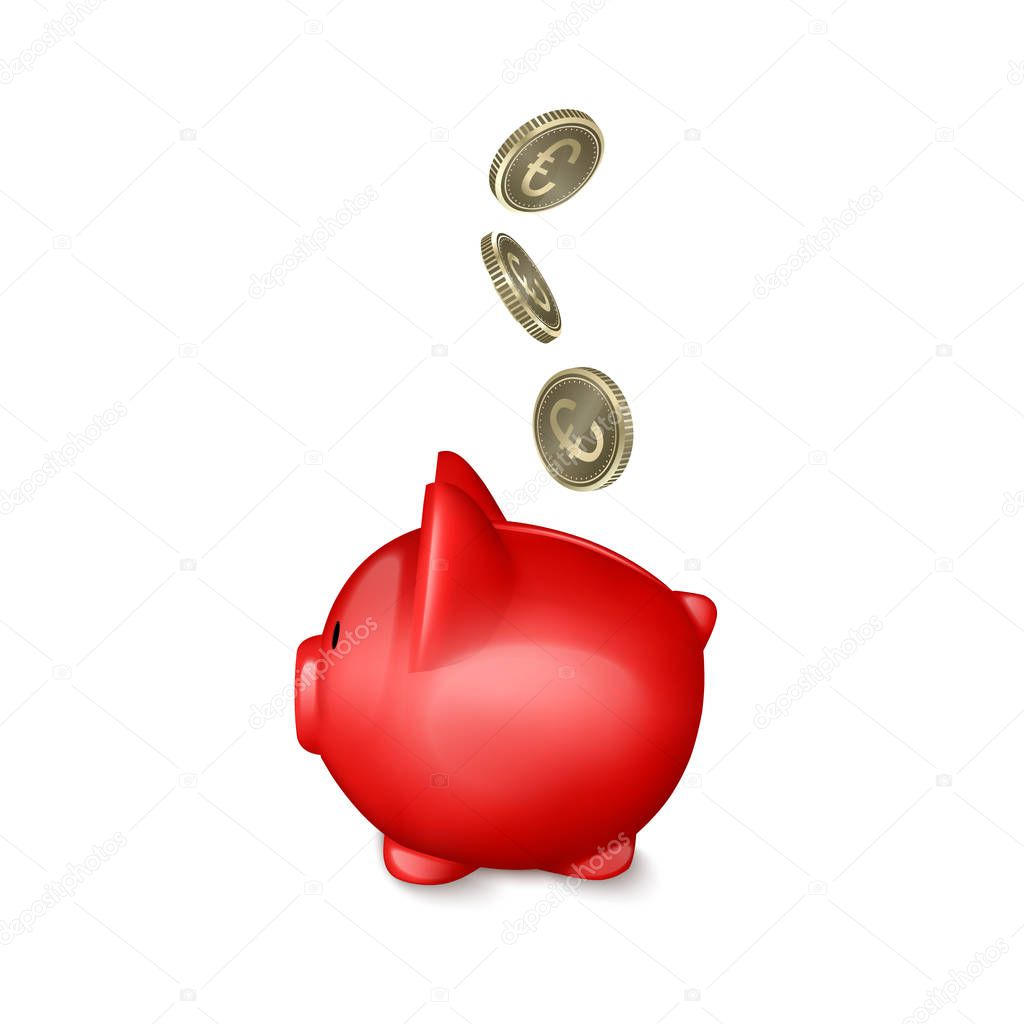 Piggy bank, save money concept, 3d illustration on white background, realistic vector illustration