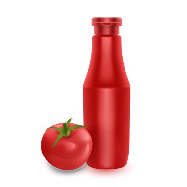 The Realistic Plastic Red Tomato Ketchup Bottle for Branding and Fresh Tomato Isolated on White Background, Vector EPS 10 illustration