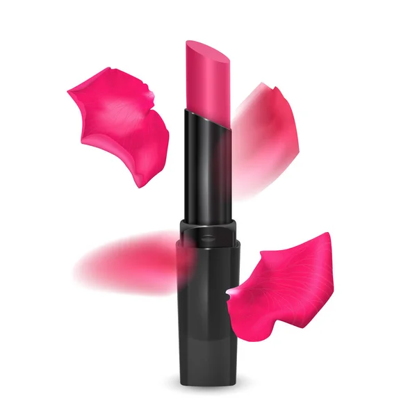 白い背景にリアルな口紅ブラックチューブ、ピンク色の口紅、パッケージデザインプロモーション製品。化粧品広告バナー看板やポスターベクトルイラスト — ストックベクタ