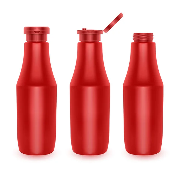 Set de botellas de tomate rojo de plástico en blanco para marcar aisladas sobre fondo blanco, ilustración Vector EPS 10 — Vector de stock