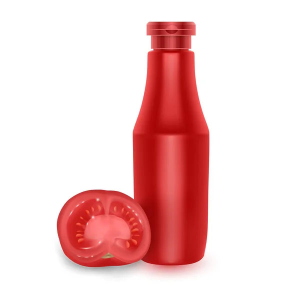 Die realistische Plastikflasche mit rotem Tomatenketchup für Branding und frische Tomaten isoliert auf weißem Hintergrund, Vektor Folge 10 Illustration — Stockvektor