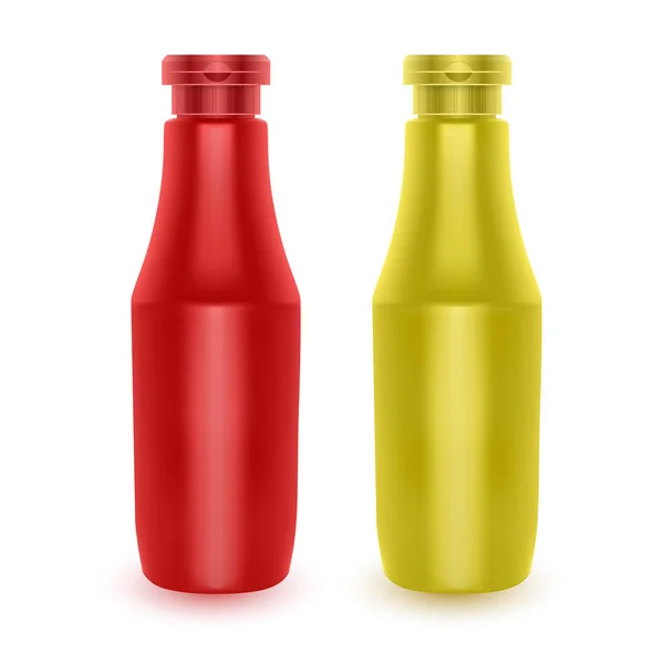 Set de botellas realistas de ketchup y mostaza, Botellas para Branding aisladas sobre fondo blanco, ilustración Vector EPS 10 — Vector de stock