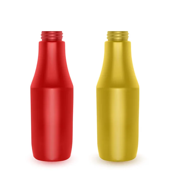 Set de botellas realistas de ketchup y mostaza, Botellas para Branding aisladas sobre fondo blanco, ilustración Vector EPS 10 — Vector de stock