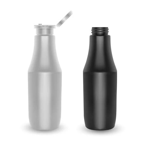 Conjunto de botellas. Envase de plástico blanco y negro para Ketchup o mostaza, suplementos nutricionales. Ilustración aislada sobre fondo blanco, Vector EPS 10 — Vector de stock