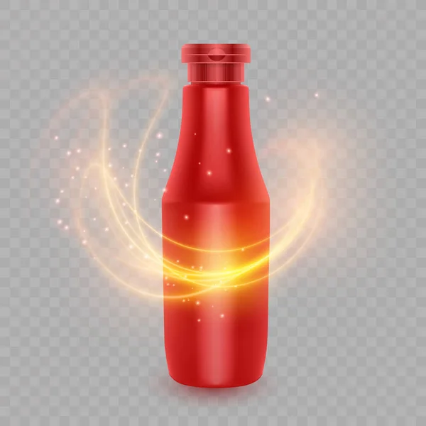 Sablon üveg piros egy fűszeres fűszer, mint például a ketchup, reális csomag ketchup és tűz lángja, design palack mintadarab a hirdetések. — Stock Vector