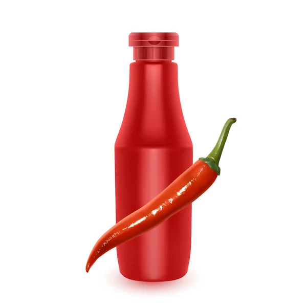 Fles Chili en tomatenketchup saus, pittige rode saus met Chili. Vector realistische illustratie geïsoleerd op witte achtergrond. — Stockvector