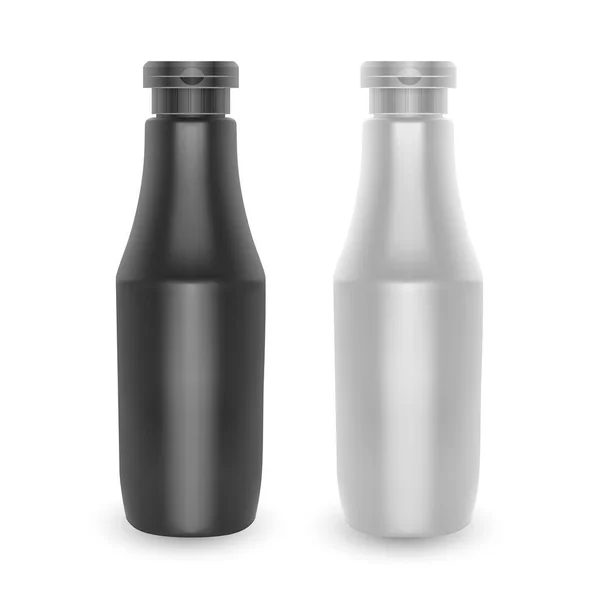 Conjunto de botellas. Envase de plástico blanco y negro para Ketchup o mostaza, suplementos nutricionales. Ilustración aislada sobre fondo blanco, Vector EPS 10 — Vector de stock