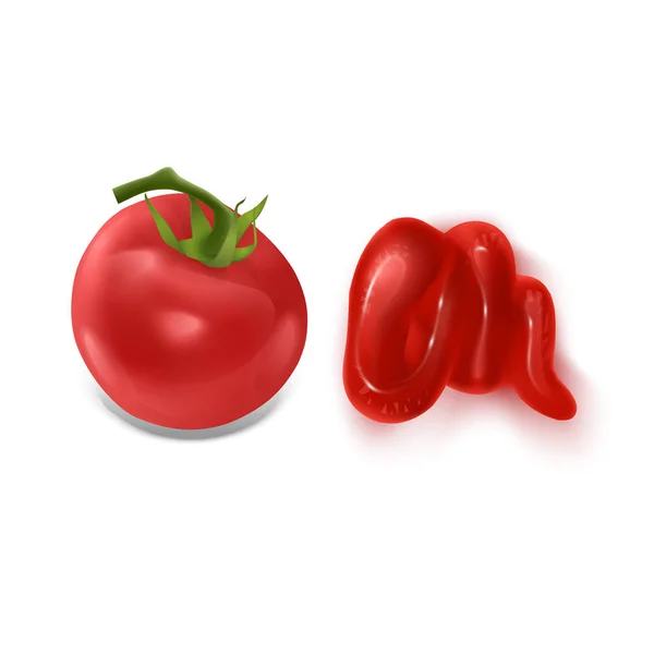 Conjunto de elementos vetoriais realistas de tomate vermelho, respingo de tomate, inteiro e uma fatia de tomate, espremido molho vermelho no fundo branco, Vector EPS 10 ilustração . —  Vetores de Stock