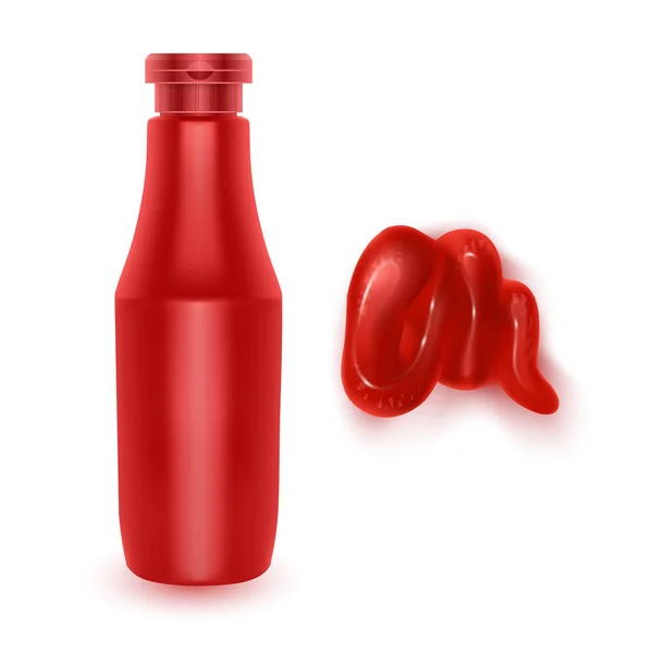 Éléments vectoriels réalistes sauce tomate, éclaboussure de jus de tomate, bouteille de ketchup, sauce pressée sur fond blanc Illustration vectorielle EPS 10 — Image vectorielle