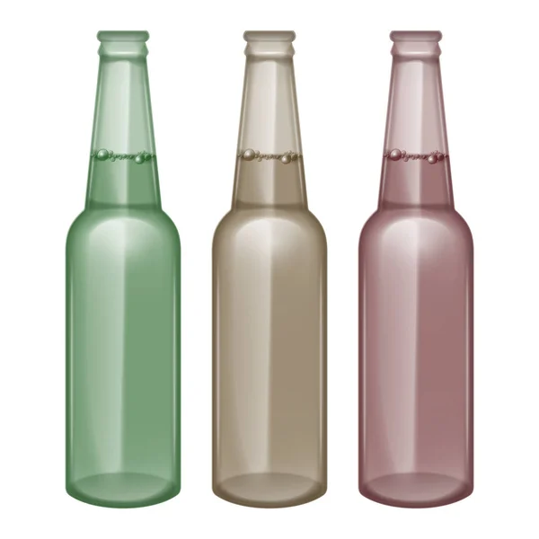 リアルなスタイルのビールボトル、白い背景に隔離されたビールボトルベクトルオブジェクト、新しいデザインのボトルのセット — ストックベクタ