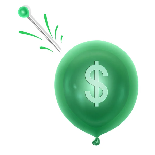 Een opblaasbare ballon met een dollar symbool en een naald. Concept van economie probleem of financiële crisis, recessie, inflatie, faillissement, verloren inkomsten, verlies van kapitaal. Vector illustratie — Stockvector