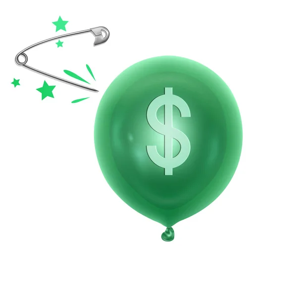 En uppblåsbar ballong med en dollar symbol och en nål. Begreppet ekonomi problem eller finansiell kris, recession, inflation, konkurs, förlorad inkomst, förlust av kapital. Vektor illustration — Stock vektor