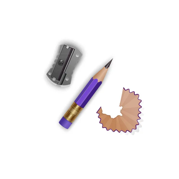 Set of vector illustrations in realistic style sharpened pencils with a rubber and a sharpener, pencil shavings and a graphite isolated on white