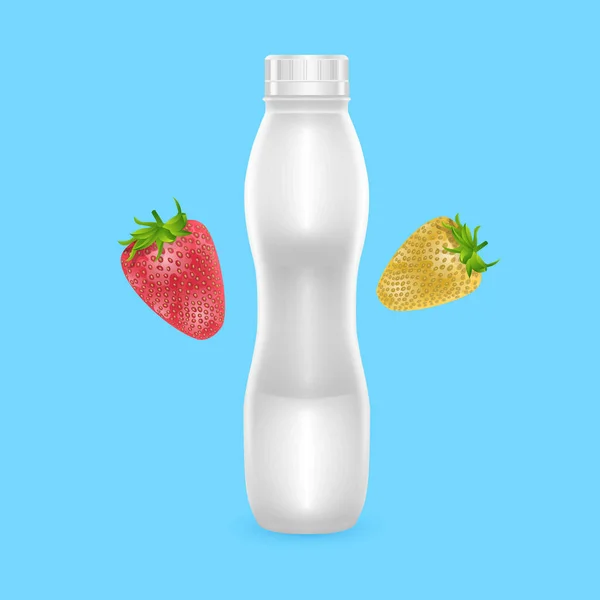 3D witte yoghurt plastic fles, realistische fles met aardbei drinken yoghurt, Vector EPS 10 illustratie — Stockvector