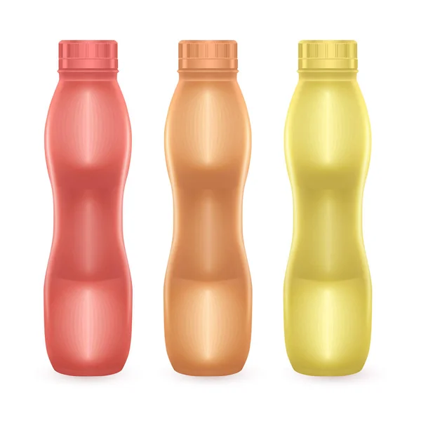 Set de botellas en blanco de colores rojo, naranja y amarillo para leche o yogur, botella con yogur para beber, ilustración Vector EPS 10 — Vector de stock