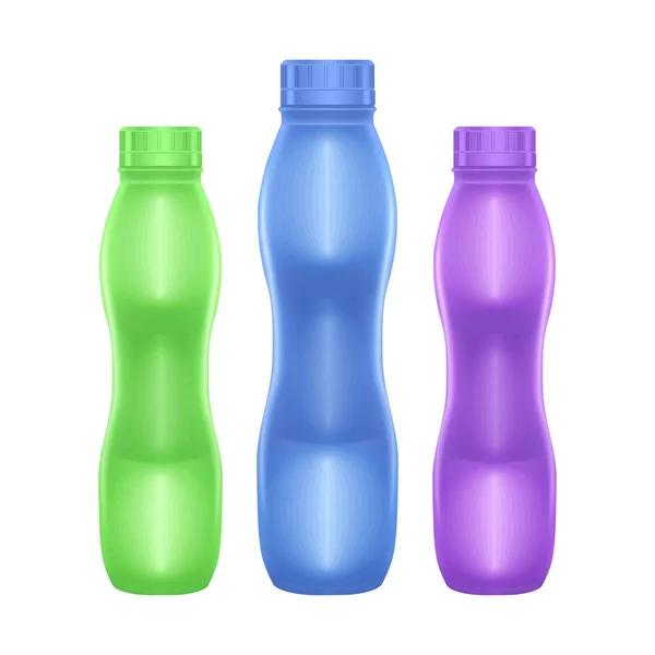 Conjunto de botellas en blanco de colores verde, azul y púrpura para leche o yogur, botella con yogur para beber, ilustración vectorial — Vector de stock