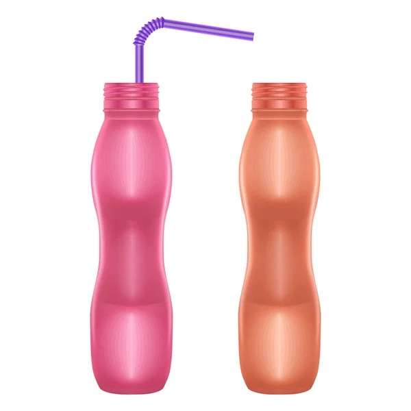 Set de botellas en blanco de colores rosa, azul y naranja para leche o yogur, botella con yogur para beber, ilustración vectorial — Vector de stock