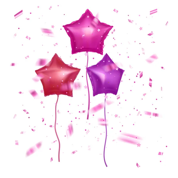 Conjunto de balões cor-de-rosa com forma de estrelas e confetes, fundo de festa, design de conceito para ilustração Celebration Vector . — Vetor de Stock