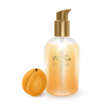 Kayısı kokusu ile şampuan veya sıvı sabun bir kavanoz, beyaz arka plan üzerinde gerçekçi şampuan şişesi ve kayısı, kozmetik ürün sağlık afiş.