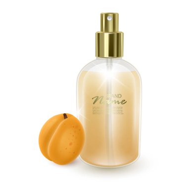 Turuncu kayısı arka plan üzerinde parfüm ile Kavanoz, dispenser ile gerçekçi kavanoz, Kayısı aroması ile parfüm, vektör Eps 10 illüstrasyon