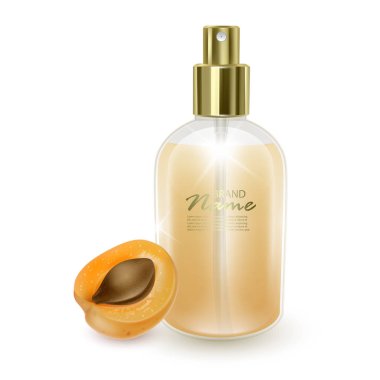 Turuncu kayısı arka plan üzerinde parfüm ile Kavanoz, dispenser ile gerçekçi kavanoz, Kayısı aroması ile parfüm, vektör Eps 10 illüstrasyon