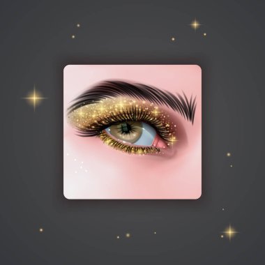 Koyu arka plan üzerinde ışıltılı doku ile altın renk parlak Eyeshadows ile gerçekçi gözler, vektör illüstrasyon
