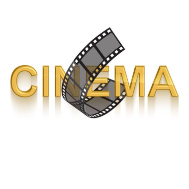 Sinema posteri tasarım şablonu. Beyaz arka plan üzerinde film şeridi ile dekore sinemanın 3d altın metin