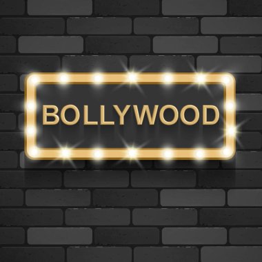 Bollywood sineması. Hint filmi, 3d klasik film posterleri siyah arka plan gerçekçi vektör illüstrasyon 3d altın metin kurulu
