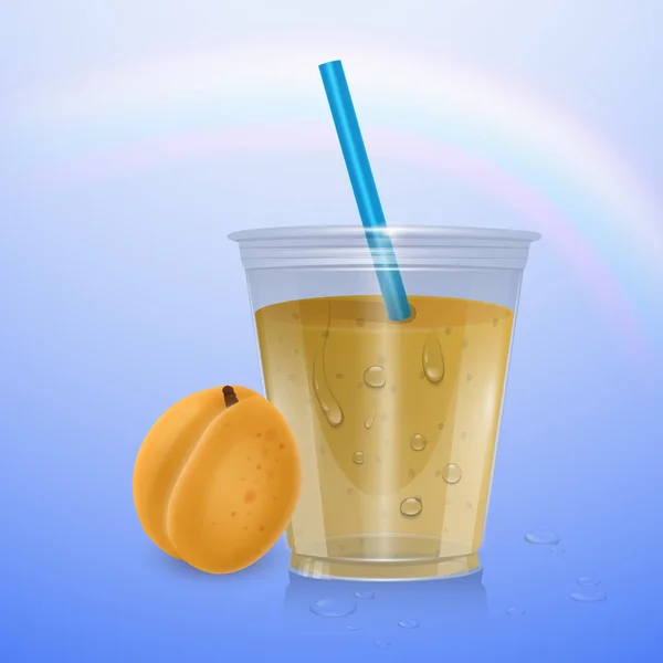 Сік і свіжий абрикос, макет заповнені одноразові пластикові чашки з соломою. Апельсин, абрикос свіжий напій. Жовтий, апельсиновий сік. прозора ілюстрація. Макет шаблону для вашого дизайну — стоковий вектор