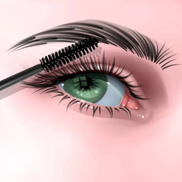 Illust con ojo femenino, pestañas largas y cepillo del rímel, Ilustración realista del vector — Archivo Imágenes Vectoriales