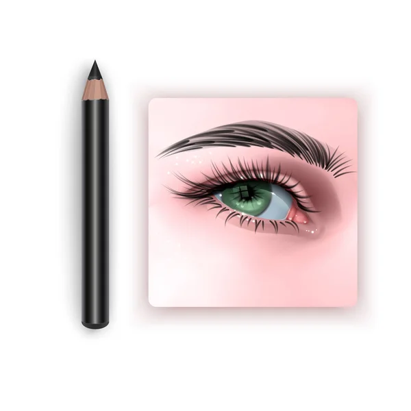 Illustration med grönt kvinnligt öga och makeup ögonbrynspenna vektor i realistisk stil — Stock vektor