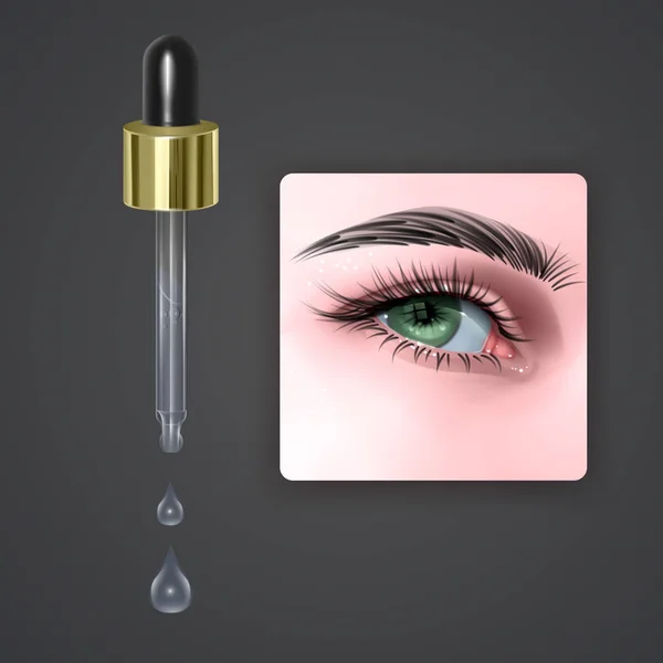 Droppar för ögon, ögon trött och efter ingjuta droppar, realistiska ögondroppar i glas flaska med pipett, 3D vektor illustration — Stock vektor