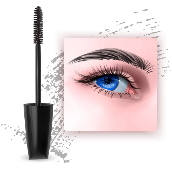 睫毛膏设计图片，单蓝眼和睫毛用于广告使用，逼真的3D插图 — 图库矢量图片