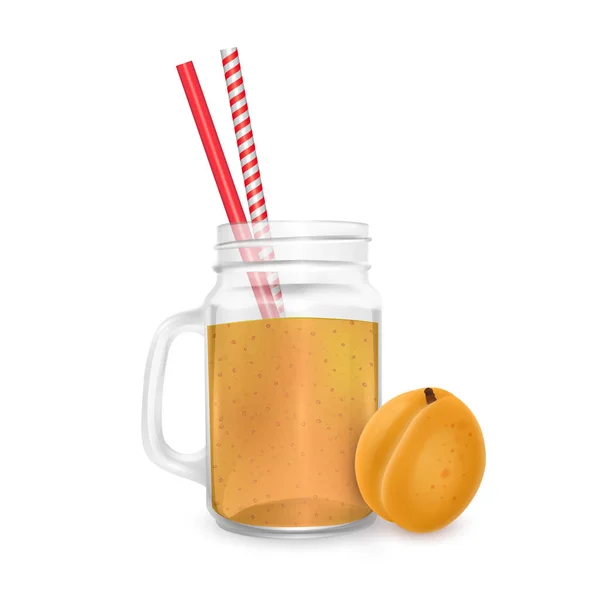 Банка з смузі абрикосів зі смугастою соломою для коктейлів ізольована на білому тлі для реклами вашої продукції напоїв у ресторанах та кафе. Векторна ілюстрація EPS 10 — стоковий вектор