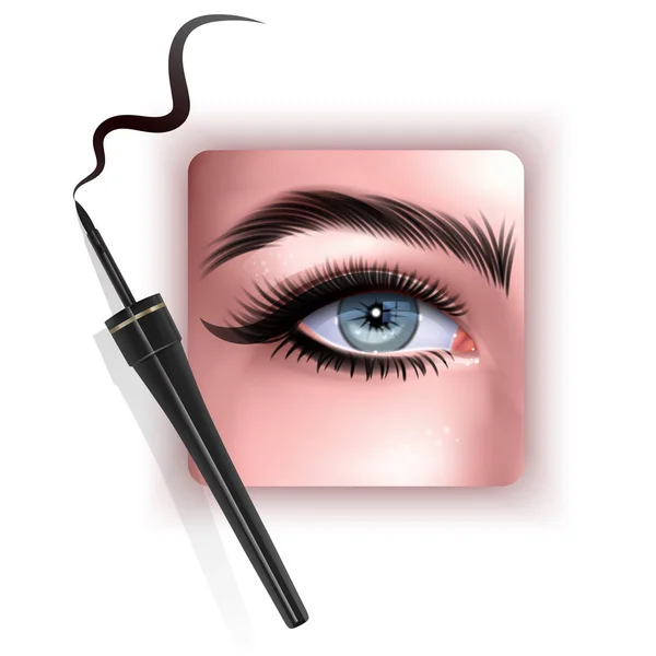 Realistic illustration of eye applying eyeliner close up, woman applies eyeliner, Vector EPS 10 illustration — Stock Vector