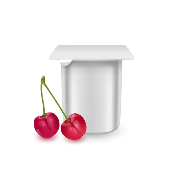 Der weiße matte Kunststofftopf für Joghurt, Sahne, Dessert oder Marmelade. Fotorealistische Verpackungsmockup-Vorlage. Joghurtcreme mit frischen Kirschen isoliert auf weißem Hintergrund, Vektor eps 10 — Stockvektor