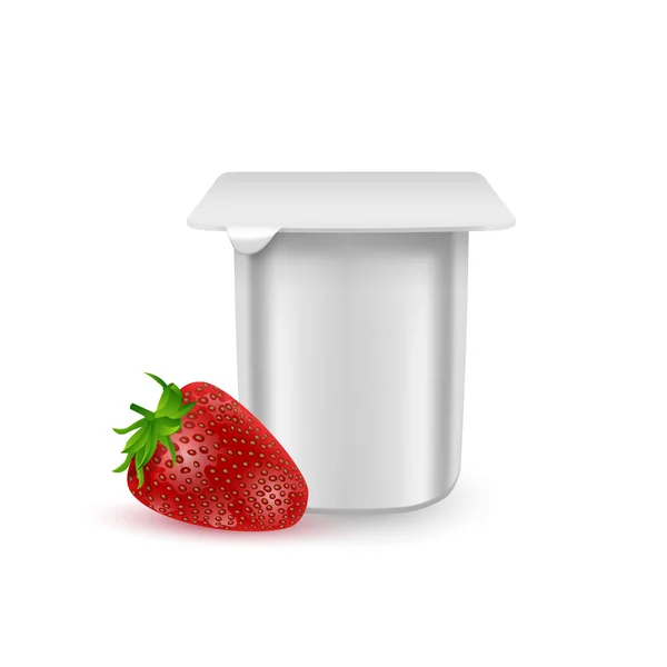 De witte matte plastic pot voor yoghurt, room, dessert of jam. Photorealistische verpakking mockup sjabloon. yoghurt crème met verse aardbeien geïsoleerd op witte achtergrond, Vector EPS 10 — Stockvector