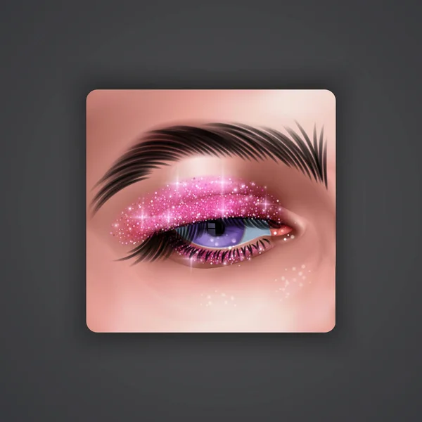 Ρεαλιστικά μάτια με φωτεινές σκιές ματιών από ροζ χρώμα με λαμπερή υφή στο σκοτεινό φόντο, απεικονισμός διανυσματικών χρωμάτων — Διανυσματικό Αρχείο