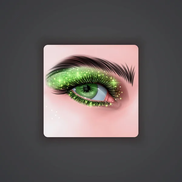 Realistyczne oczy z jasnym Eyeshadows of Green Color z błyszczącymi tekstami na ciemnym tle, ilustracje wektorowe — Wektor stockowy