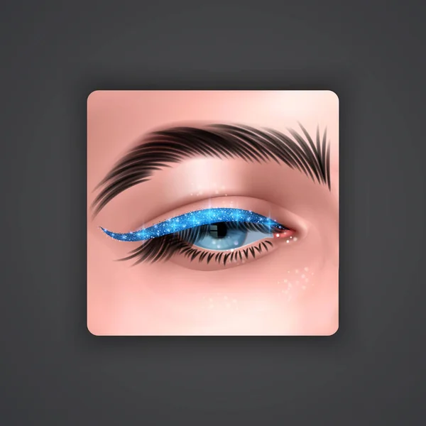 Realistiska ögon med ljus eyeliner av blå färg med glittrande textur på mörk bakgrund, vektor EPS 10 illustration — Stock vektor