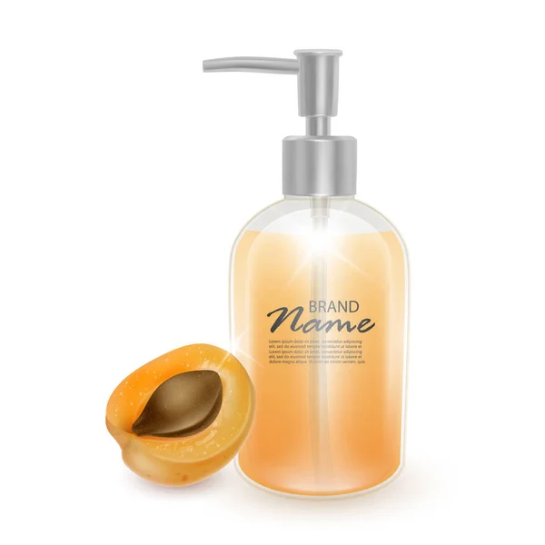 一罐洗发水或液体肥皂与杏的香味，逼真的洗发水瓶和杏在白色背景，化妆品保健横幅。矢量 Eps 10 — 图库矢量图片